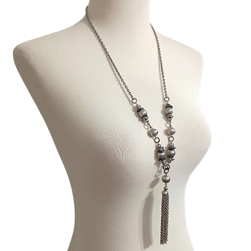 Y Drop Beaded Tassel Chain Necklace Bohemian‎ Western Witchy Silver Tone Gypsy